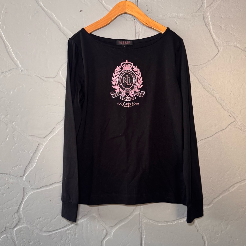 Lauren Ralph Lauren Petite Long Sleeve Logo Crest Top Black PL NWT
